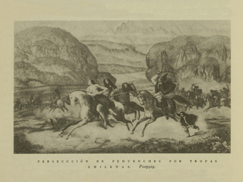 4. Eduard Poeppig. Persecución de pehuenches por tropas chilenas, hacia 1840.