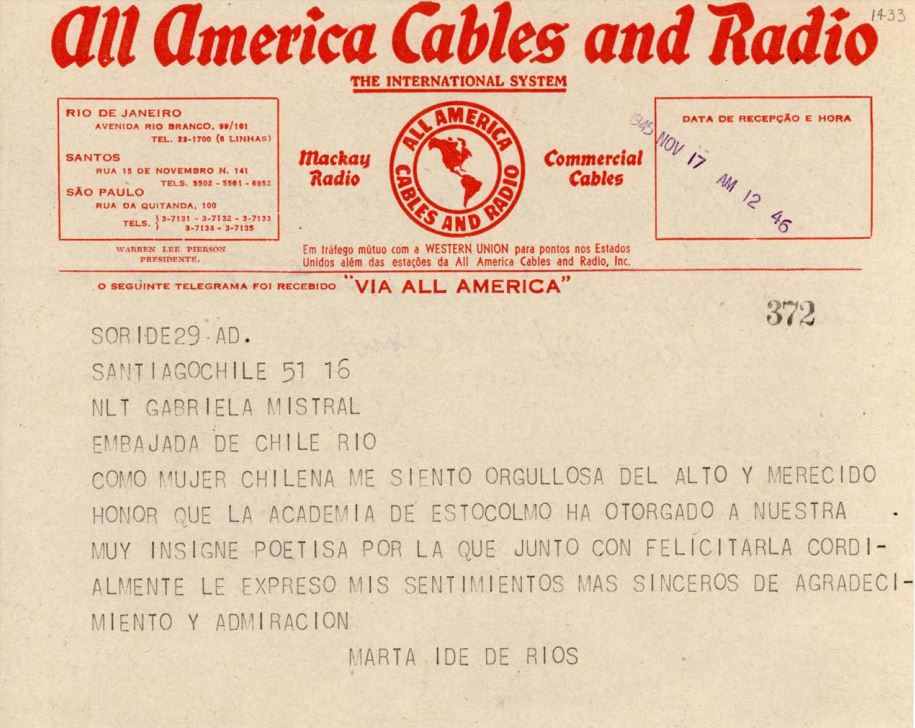 1. Telegrama de a Marta Ide de Ríos a Gabriela Mistral.