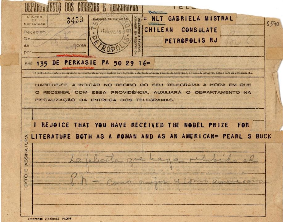 2. Telegrama en inglés del escritor norteamericano Pearl. S. Buck a Gabriela Mistral.