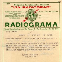 3. Telegrama desde Colombia de Germán Arciniegas a Gabriela Mistral.