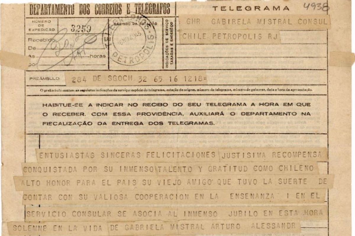 4. Telegrama del político chileno Arturo Alessandri Palma a Gabriela Mistral.