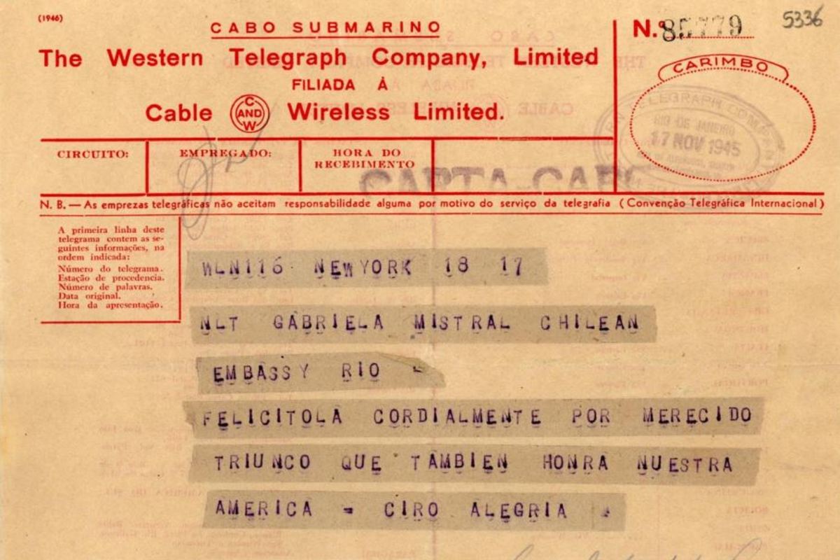 5. Telegrama del escritor peruano Ciro Alegría a Gabriela Mistral.