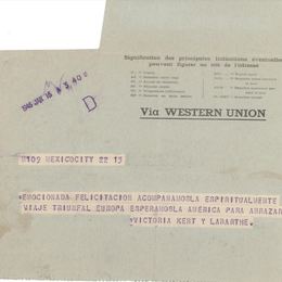 6. Telegrama de Victoria Kent, abogada y política española, a Gabriela Mistral.