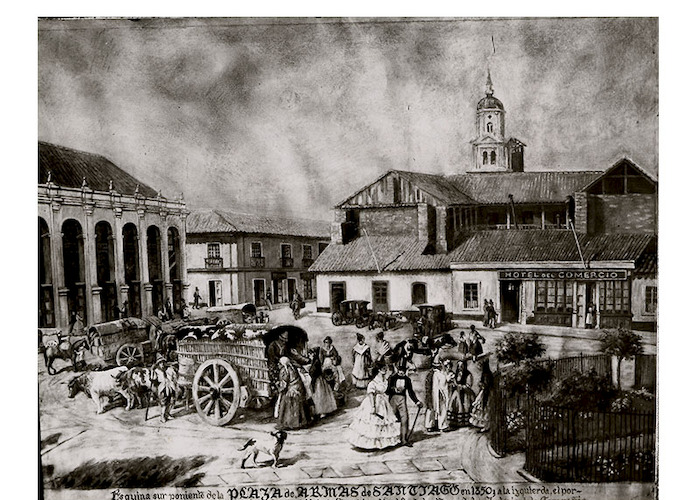 1. Plaza de Armas de Santiago de 1850, con transeúntes y carretas, se distingue una casona Hotel de Comercio.