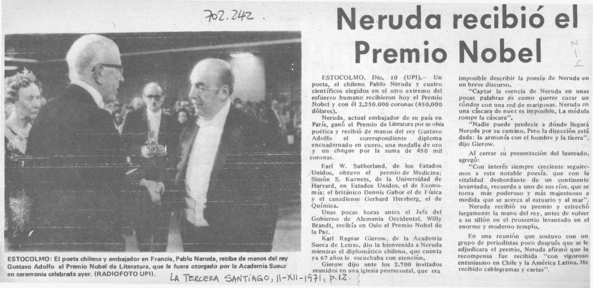 1. Noticia del Premio Nobel recibido por Pablo Neruda en 1971.