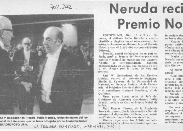1. Noticia del Premio Nobel recibido por Pablo Neruda en 1971.