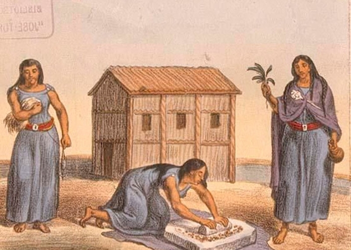 Mujeres mapuches moliendo grano
