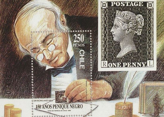 1. Estampilla hecha en homenaje al Penique Negro, primer sello postal usado en Chile.
