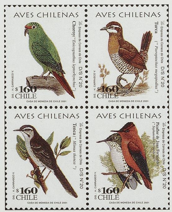 12. Estampillas con ilustraciones de aves chilenas.
