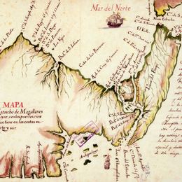 6. Mapa del Estrecho de Magallanes y del nuevo del mayre, con los puertos, rios yslas y ensenadas, que tiene en las costas en ambos mares del norte y del sur, siglo XVII.
