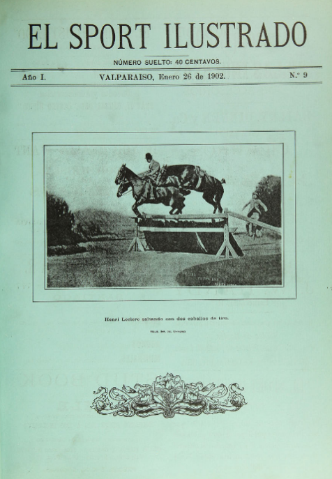 1. El jinete Henry Lecrerc salta con dos caballos. Año 1902