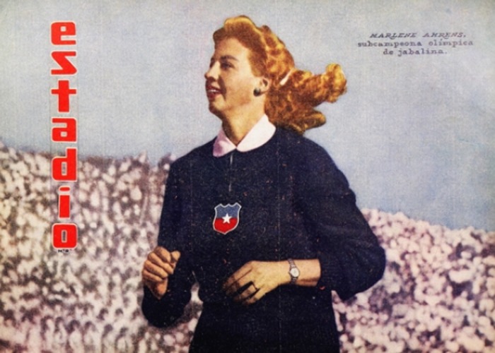 16.	Marlene Ahrens, competidora de jabalina. Estadio, 1956.