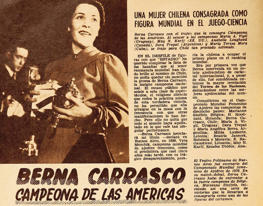 1. Noticia sobre el premio de Berna Carrasco en el Campeonato Mundial Femenino de Ajedrez de  1939.