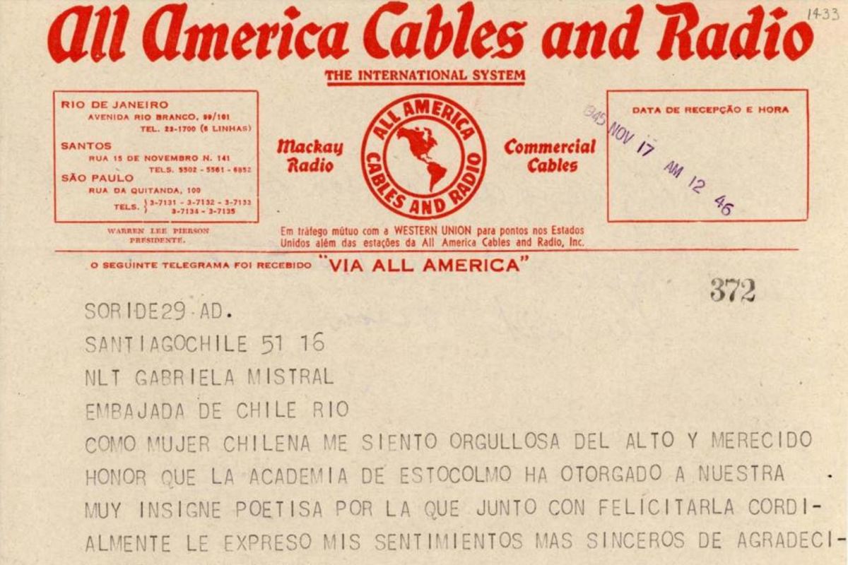 1. Telegrama de a Marta Ide de Ríos a Gabriela Mistral.