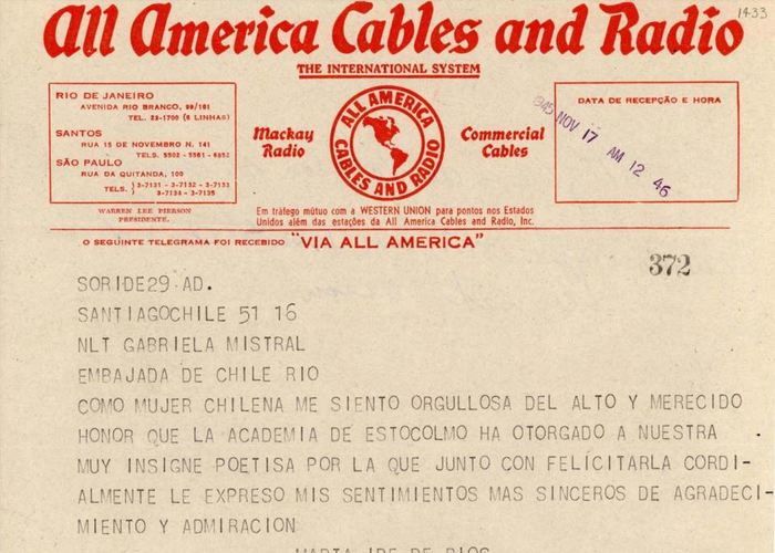 1. Telegrama de a Marta Ide de Ríos a Gabriela Mistral.