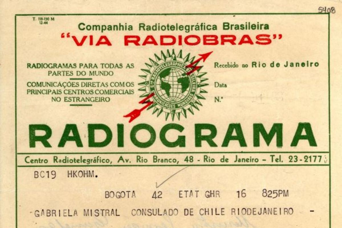 3. Telegrama desde Colombia del escrito y político Germán Arciniegas a Gabriela Mistral.