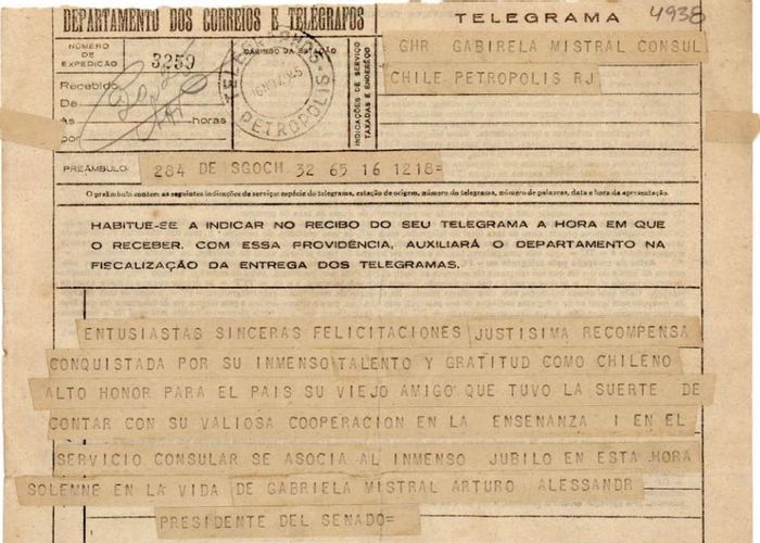 4. Telegrama del político chileno Arturo Alessandri Palma a Gabriela Mistral.