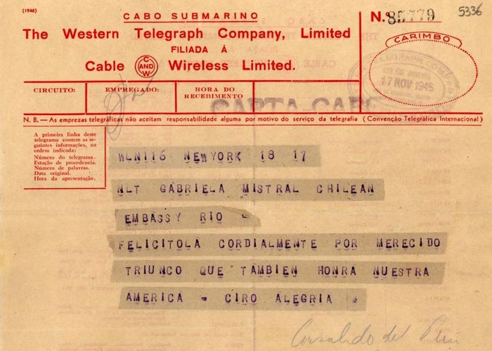 5. Telegrama del escritor peruano Ciro Alegría a Gabriela Mistral.