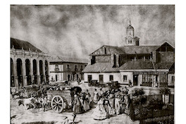 1. Plaza de Armas de Santiago de 1850, con transeúntes y carretas, se distingue una casona Hotel de Comercio.