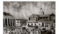 1. Plaza de Armas de Santiago de 1850, con transeúntes y carretas, se distingue una casona Hotel de Comercio.