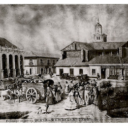 1. Plaza de Armas de Santiago de 1850, con transeúntes y carretas, se distingue una casona Hotel de Comercio.
