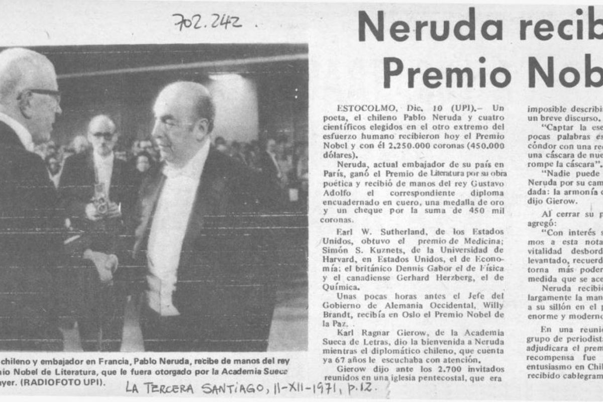 1. Noticia del Premio Nobel recibido por Pablo Neruda en 1971.