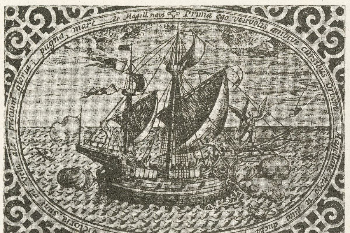 2. Nave Victoria, única de la armada de Hernando de Magallanes que dio la vuelta al mundo, grabado de 1603.