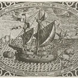 2. Nave Victoria, única de la armada de Hernando de Magallanes que dio la vuelta al mundo, grabado de 1603.