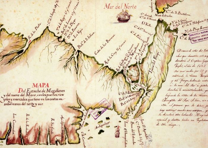 6. Mapa del Estrecho de Magallanes y del nuevo del mayre, con los puertos, rios yslas y ensenadas, que tiene en las costas en ambos mares del norte y del sur, siglo XVII.