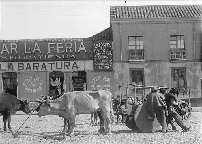 10. Tres hombres con sus animales de carga y carretas en la feria.