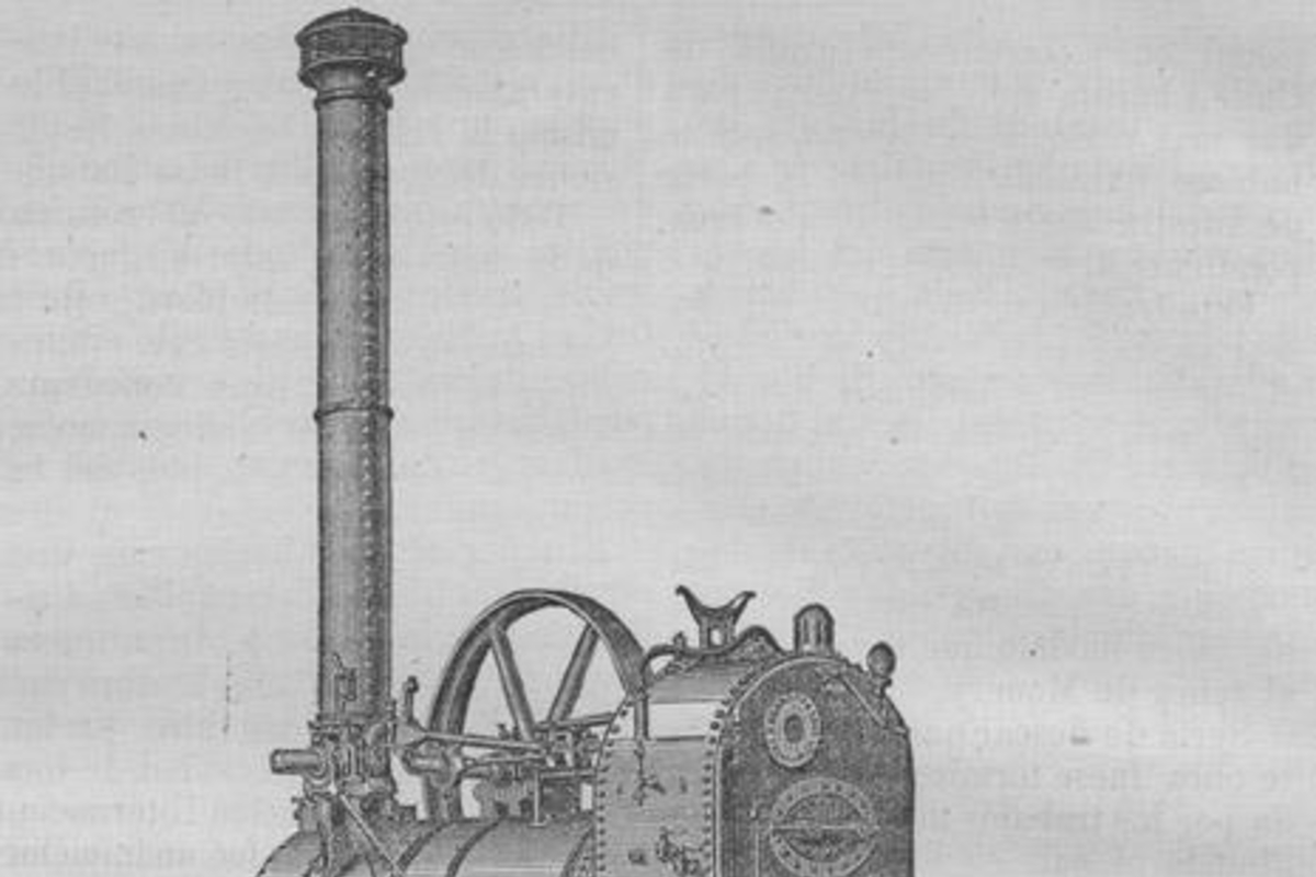 3. Locomóvil (máquina a vapor sobre ruedas) Hornsby con aparato para quemar paja, hacia 1875.