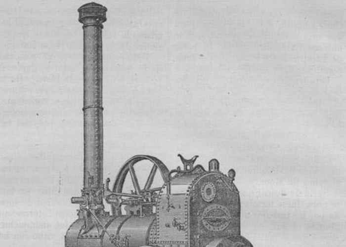 3. Locomóvil (máquina a vapor sobre ruedas) Hornsby con aparato para quemar paja, hacia 1875.