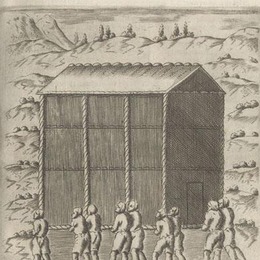 6.  Grabado que muestra una tradición chilena: transportar la casa de un lugar a otro (en Chiloé conocida como La Minga).