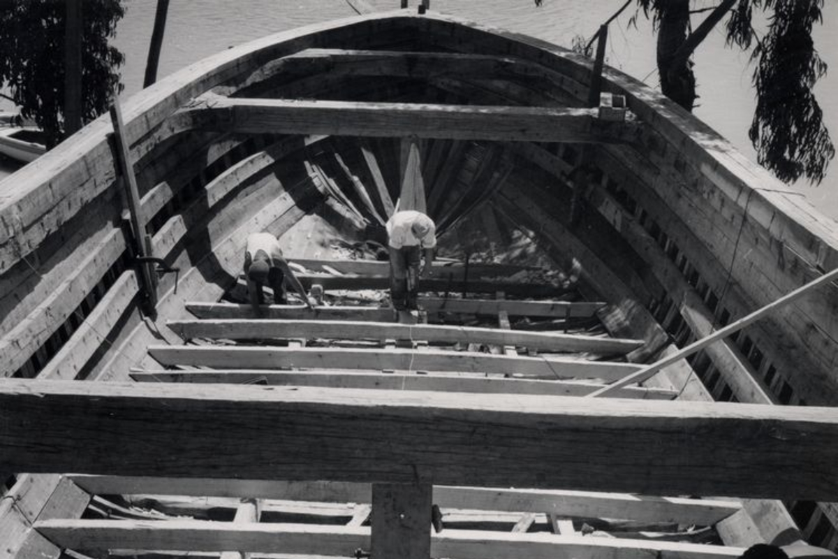 7. Cubierta de nave en construcción en astillero del Maule, 1950. Fotografía de Domingo Ulloa.