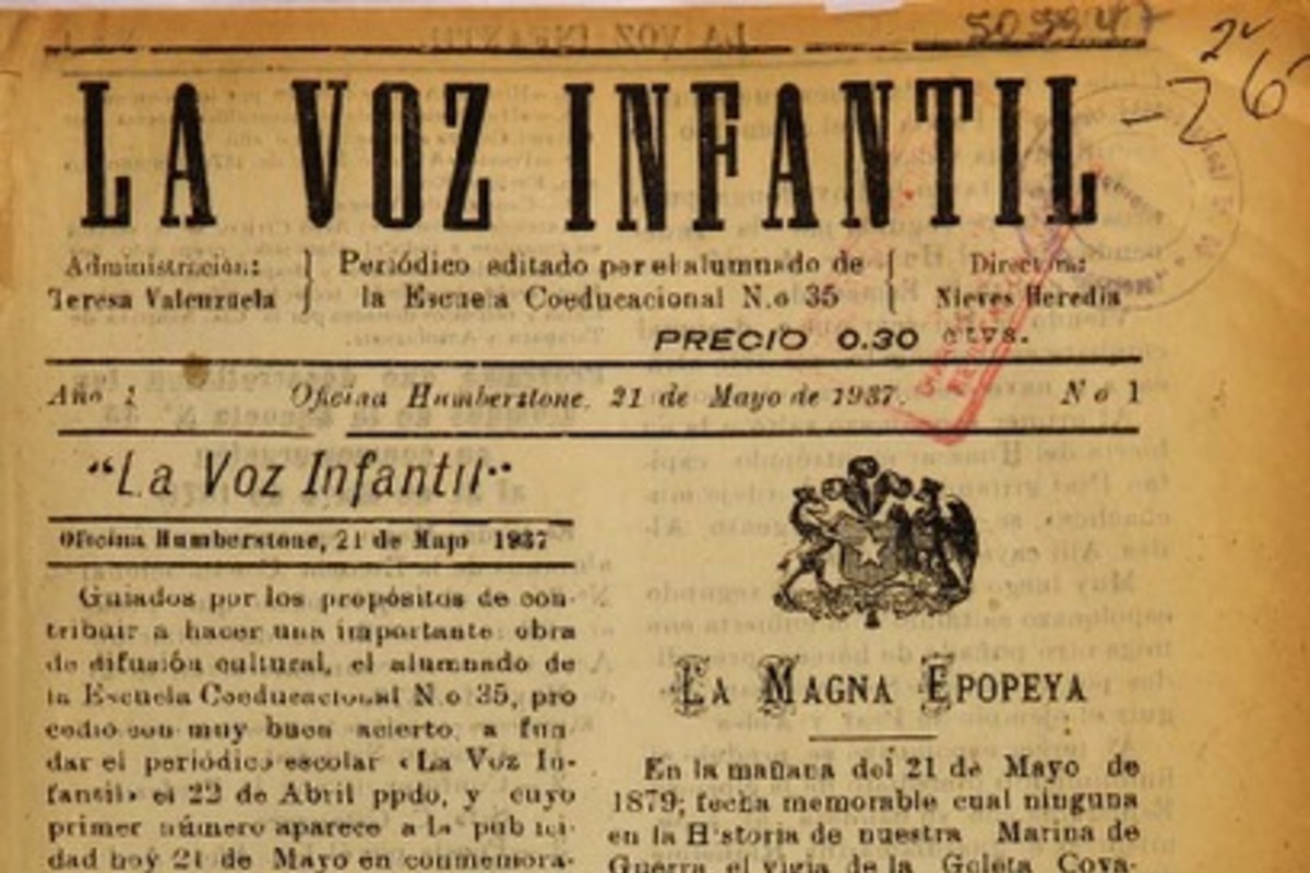 8. "La Voz infantil" Periódico del alumnado de la escuela coeducacional no. 35. Oficina Humberstone, Iquique. Año: 1937.