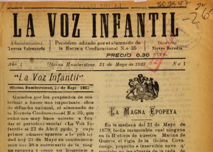 8. "La Voz infantil" Periódico del alumnado de la escuela coeducacional no. 35. Oficina Humberstone, Iquique. Año: 1937.