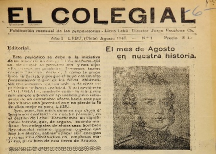 9. "El Colegial". Periódico de estudiantes de Lebu. Año: 1947.