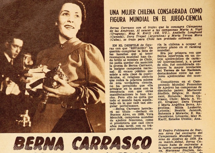 1. Noticia sobre el premio de Berna Carrasco en el Campeonato Mundial Femenino de Ajedrez de  1939.