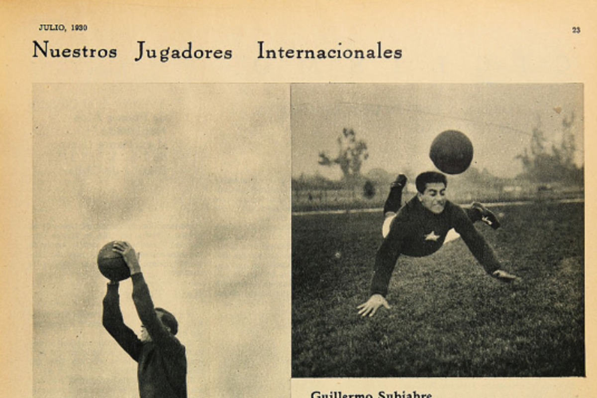 8. Tres jugadores de la selección chilena de 1930: Guillermo Subiare, delantero; Roberto Cortés, arquero; y Guillermo Saavedra, mediocampista.