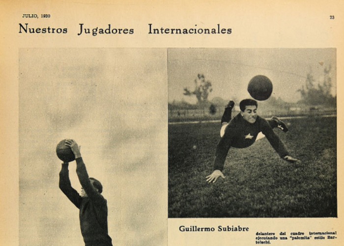 8. Tres jugadores de la selección chilena de 1930: Guillermo Subiare, delantero; Roberto Cortés, arquero; y Guillermo Saavedra, mediocampista.