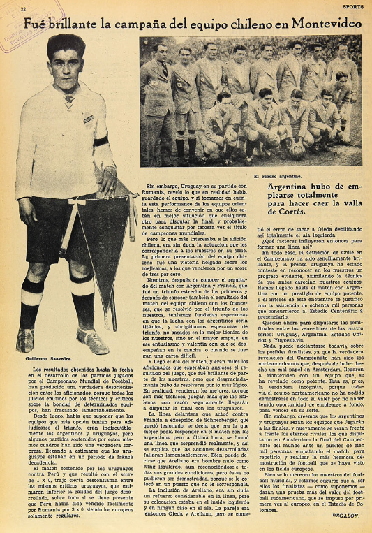 11. Artículo de Los Sports que celebra el juego del equipo chileno en el campeonato y a uno de sus jugadores, Guillermo Saavedra.