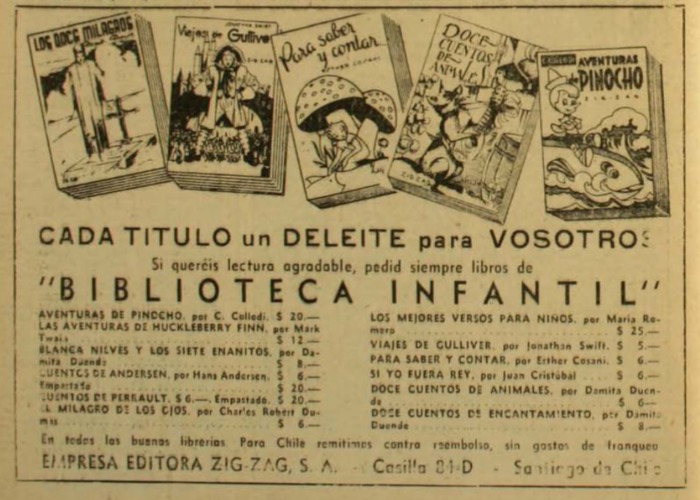 17. Pubicidad de los libros infantiles de la editorial Zig-Zag. Revista El Cabrito  134 (26 de abril de 1944).