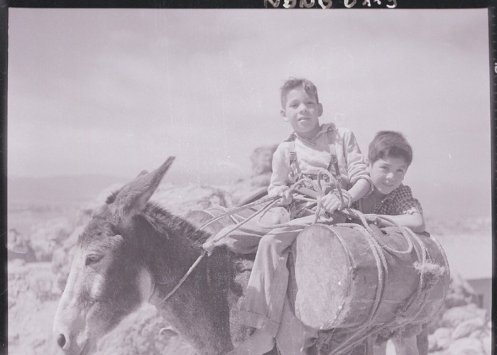 8. Dos niños de pies descalzos, montan un burro que lleva carga. Fotografía de Ignacio Hochhäusler, entre 1949 y 1960.